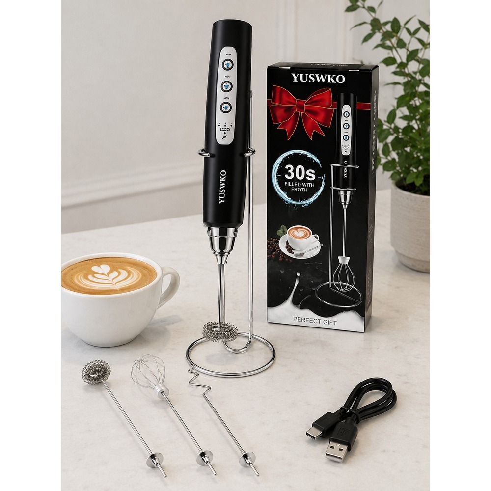 Handheld Milk Frother Rechargeable 3 Speed Coffee Whisk Mixer & Stand Black NEW